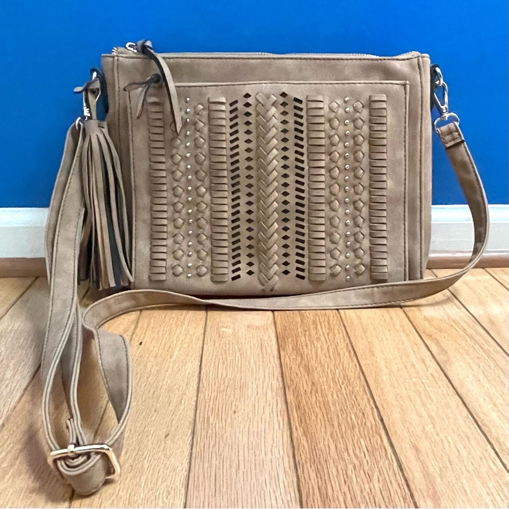 Tan Faux Leather Boho Tassel Crossbody Bag Purse